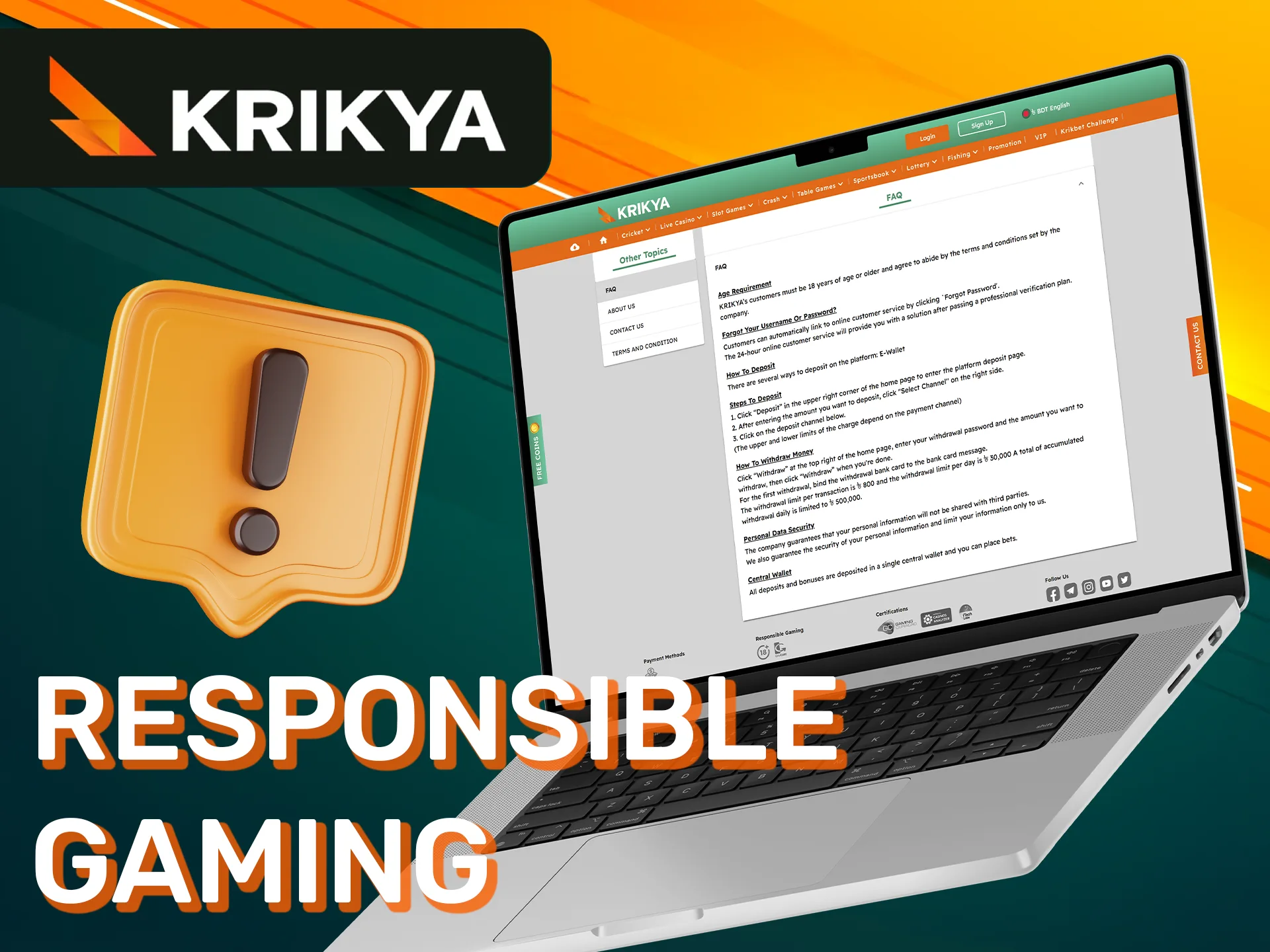 Responsible gaming policy at Krikya platform.