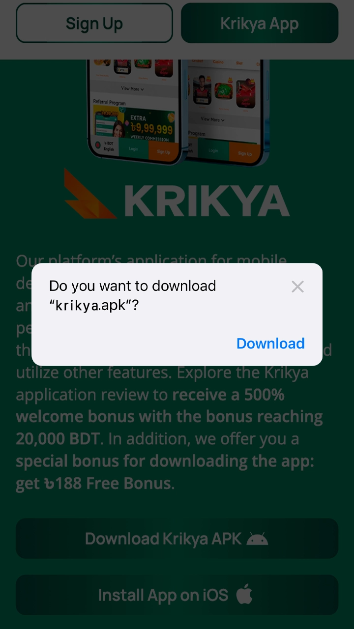 Second step to getting the Krikya Casino apk on your Android device.