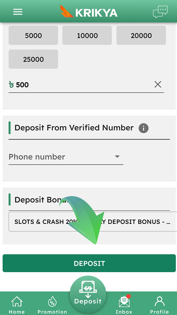 The bonus will appear in some minutes after the successful deposit at Krikya.