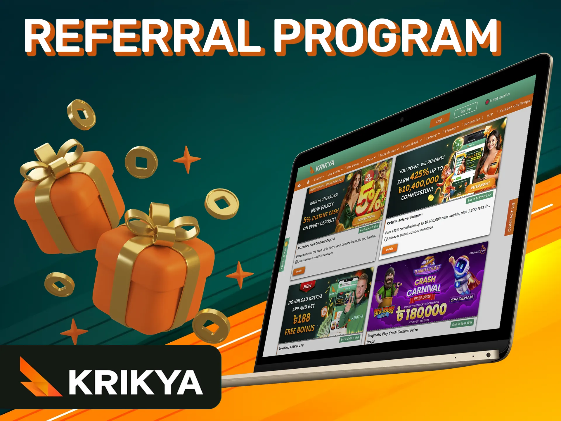 Share the referral link with friends to get bonuses at Krikya.