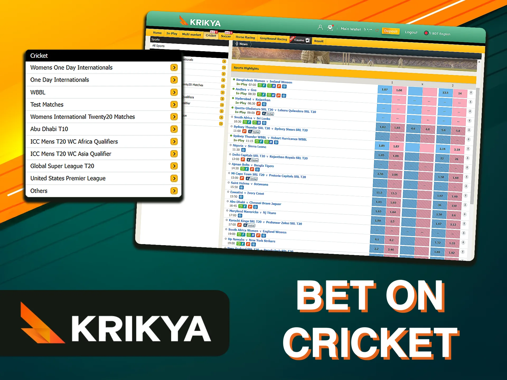 Bet on Cricket at Krikya Casino - Explore 100+ Betting Markets on ODI, IPL, T20, ICC World Cup, and More, and Predict Top Performers with Confidence.